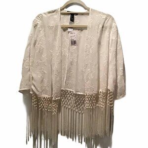 Forever 21 Kimono Open Front Cardigan with Fringe Cream Size S NWT
